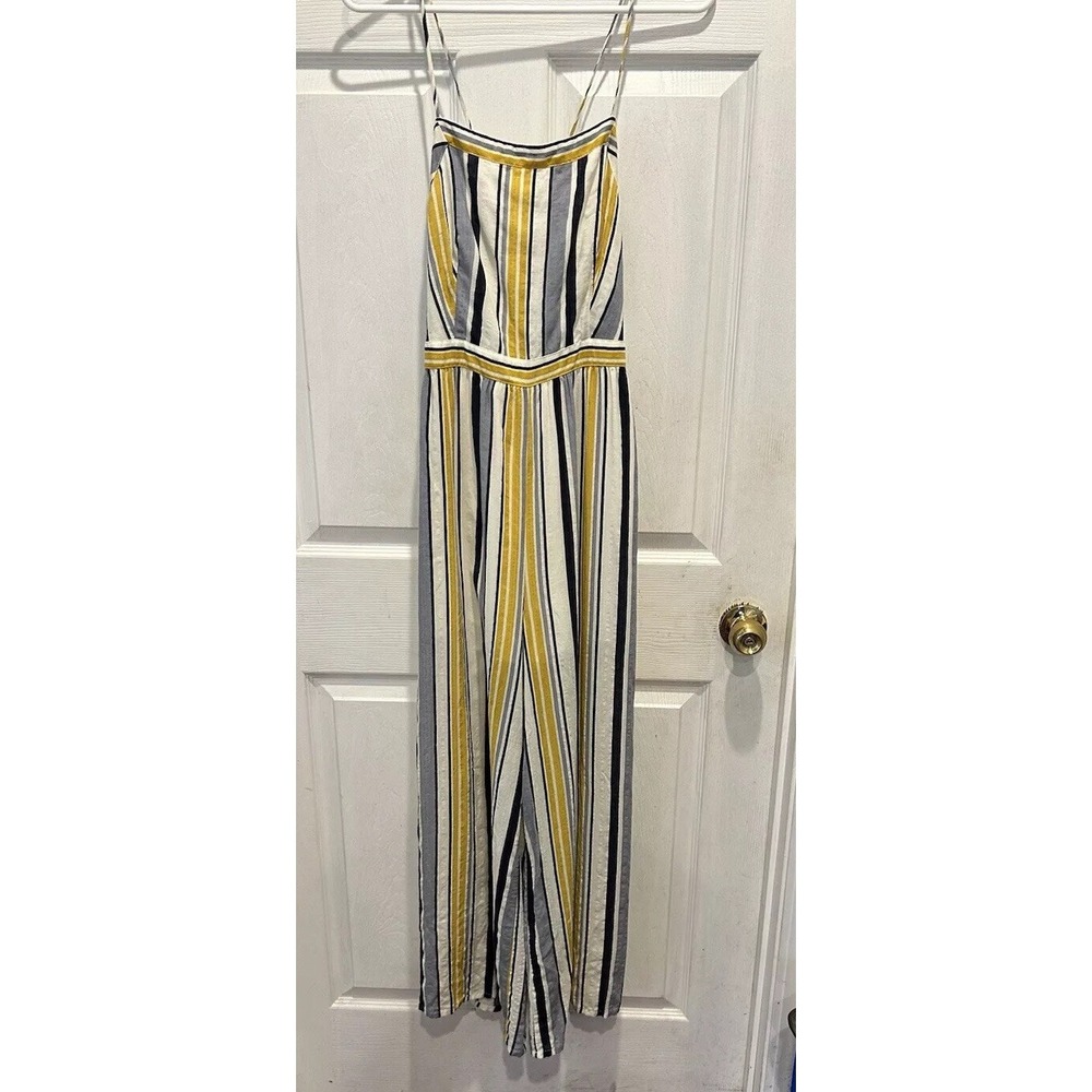 Mystree Striped Wide Leg Jumpsuit Womens Medium‎ Yellow Navy White Lace Up Back
